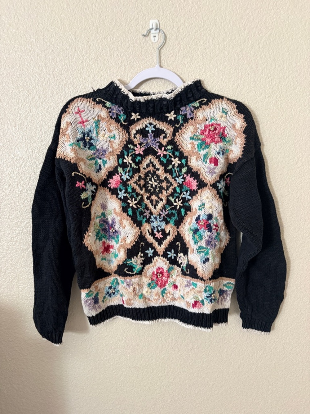 Vintage Black Floral Embroidered Grandma Women's Sweater